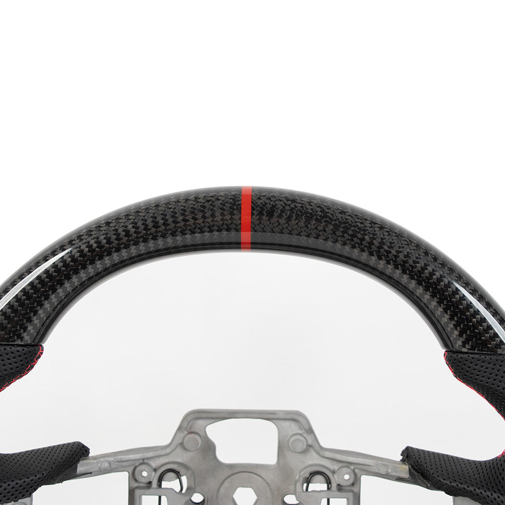 alt="Close-up of Mustang Carbon Fiber Flat Bottom Steering Wheel"
