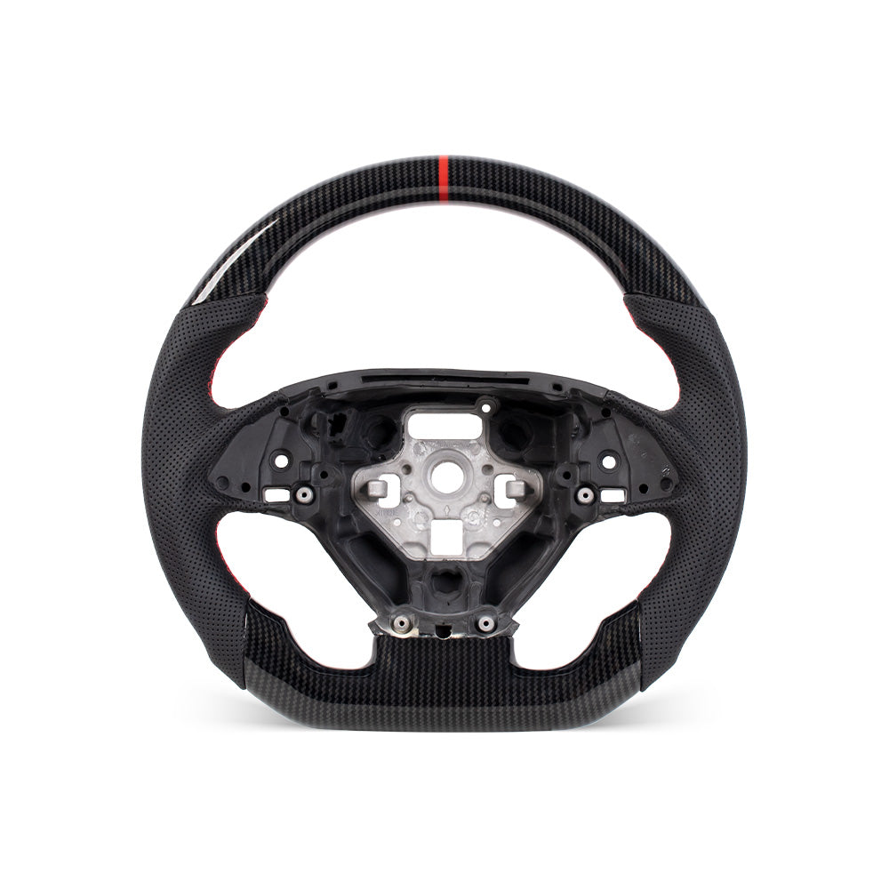 alt="Close-up Corvette C7 Carbon Fiber Steering Wheel Red Stitching"