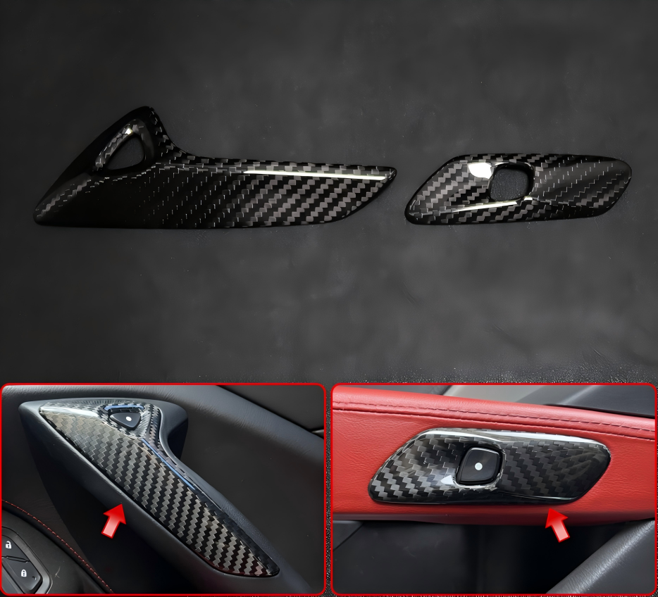 THETEN CORVETTE C7 CARBON FIBER DOOR HANDLE BUTTON FRAME ADHESIVE GLOSSY FINISH 2-PIECE SET
