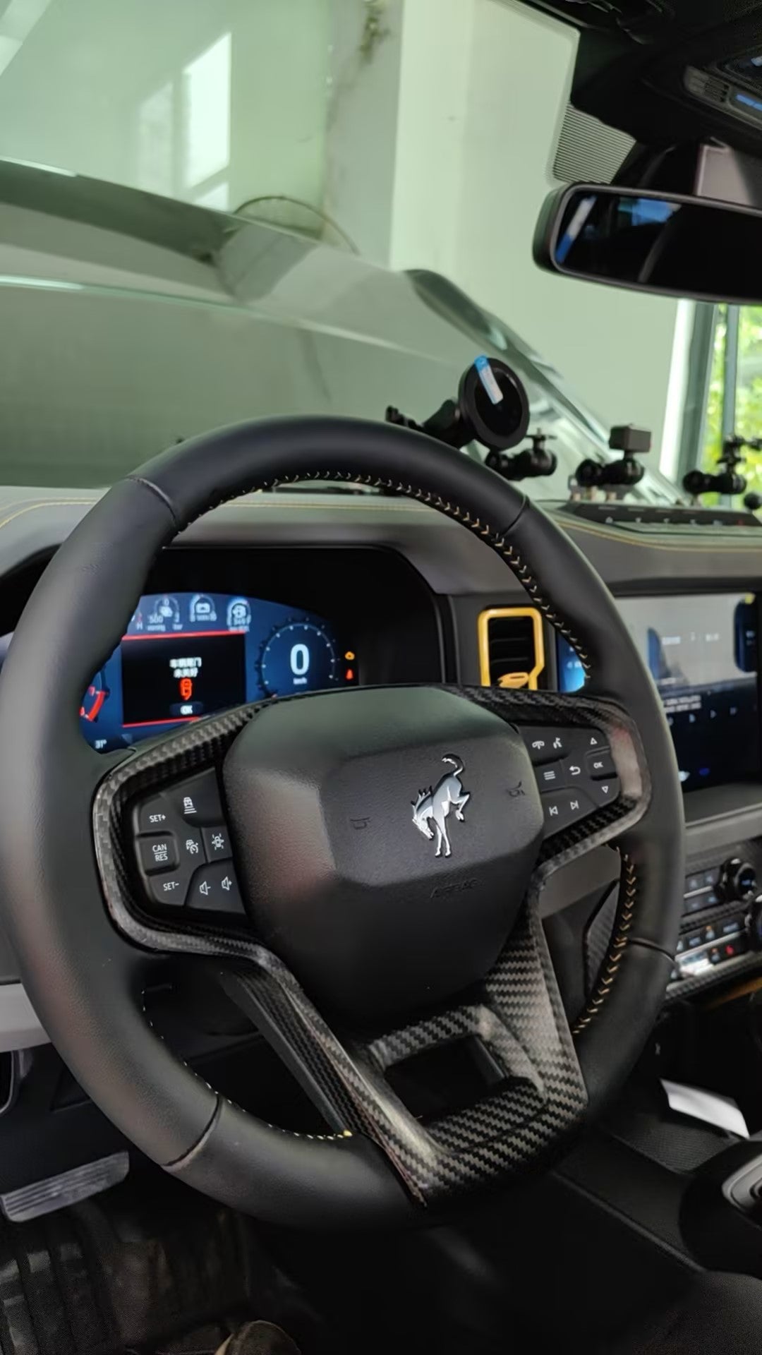 THETEN 2024+ MUSTANG STEERING WHEEL BUTTON FRAME TRIM, BRIGHT FINISH 3K CARBON FIBER, ADHESIVE TYPE