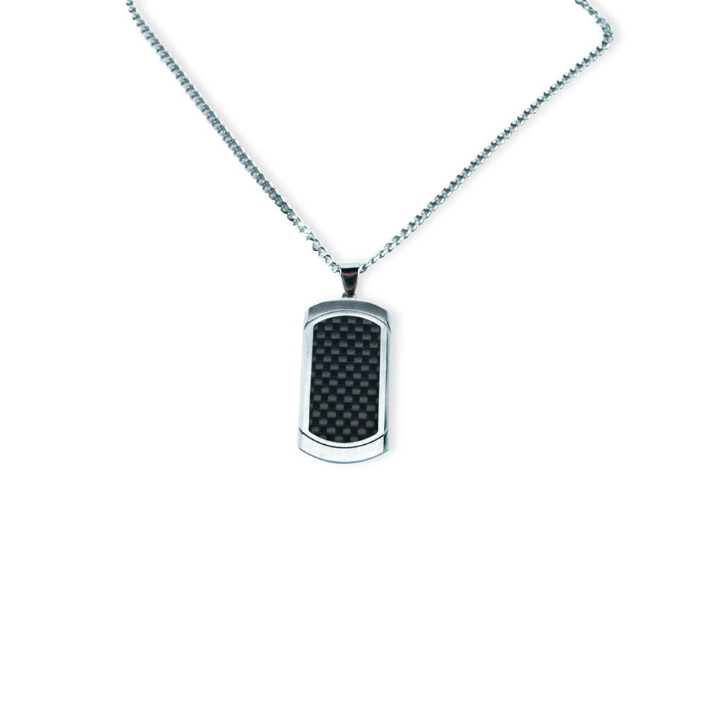 THETEN Men's Stainless Steel Brushed Black Carbon Fiber Frame Pendant Necklace